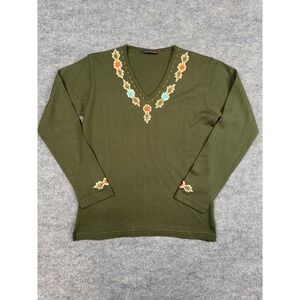 Quiksilver Olive Green Embroidered Floral‎ V-Neck Sweater Women's Medium